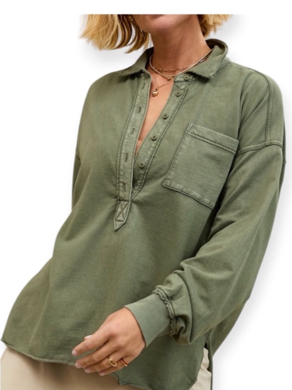 Aerie Take It Easy Popover Polo Sweatshirt Large Olive Green Long Sleeve Top